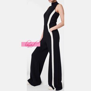 Spanx AirEssentials Mock Neck Striped Track Jumpsuit Very Black Wide Leg Romper